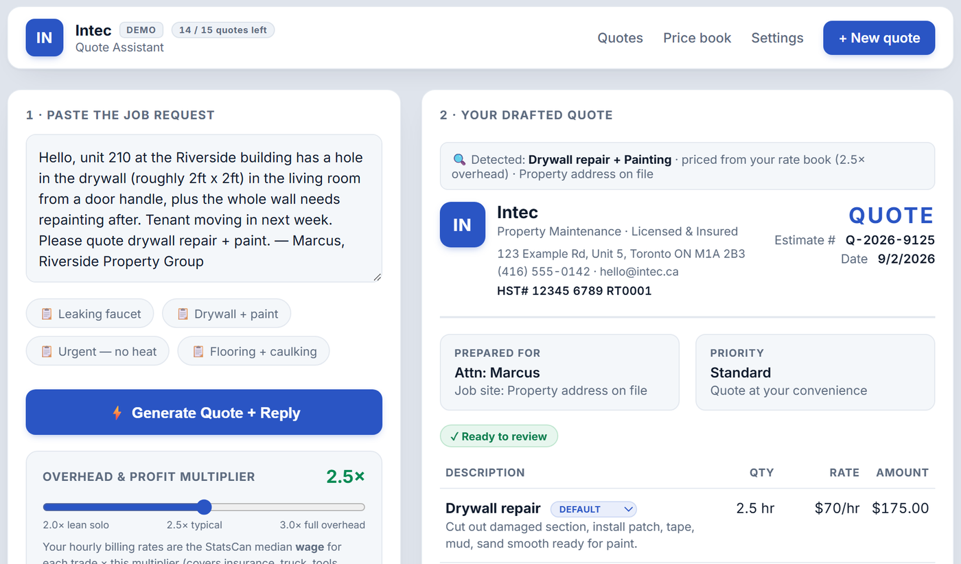 Quote Assistant prototype: a job email on the left, a generated line-item quote on the right